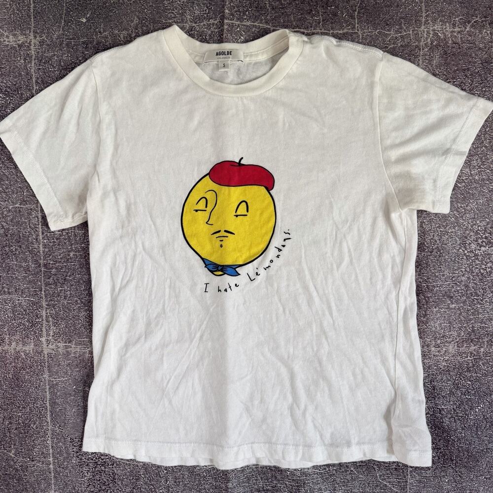 Womens Agolde Lemon Baby White Adine Shrunken Graphic I Hate Monday T Shirt Sz S
